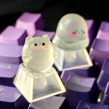 Tecla de fantasma pequeño, tecla personalizada hecha a mano, tecla blanca transparente, regalo de cumpleaños, regalo de Año Nuevo, regalo de Navidad, tecla transparente linda hecha a mano, altura original R4 - Ver 1