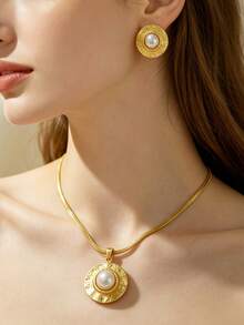 3pcs/1set Stainless Steel Vintage Pearl Pendant Necklace And Earrings Set, Suitable For Women And Girls, Can Be Used As Mother's Gift, Christmas, Thanksgiving, Halloween, Wedding, Carnival Party/Ball/Gathering/Daily/Beach Accessories, Anniversary, Valentine's Day, Bohemian Style Jewelry, Birthday, Bridesmaid Gift. - Jewelry Set - View 6