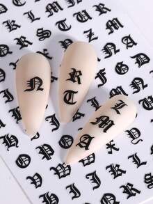 2張3D自黏式哥德字母美甲貼紙，黑色古英文A-Z字母，龐克Y2K風格，復古個性化美甲DIY裝飾配件 - 黑色 - 查看 8