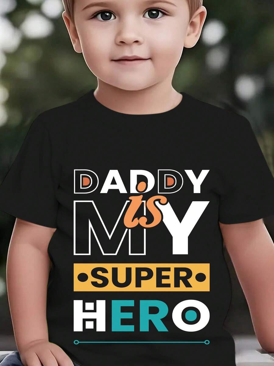 Boys' Short Sleeve T-Shirt, Summer Fashion, Father's Day, "DADDY IS MY SUPER HERO" Letter Print, Casual Outdoor Top NY-DX9753 - 黑色 - 查看 1