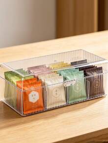 Transparent Vertical Striped Acrylic Tea Bag Storage Box With Hinged Lid, Divided Coffee Bag Storage Box, Countertop Office Pantry Herbal Tea Bag Dust-Proof Container - Transparent - View 3