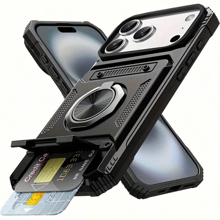 Funda para teléfono Apple de última generación con inserto oculto, soporte de anillo magnético para teléfonos móviles y fundas mecánicas. BLACK - Negro - Ver 1