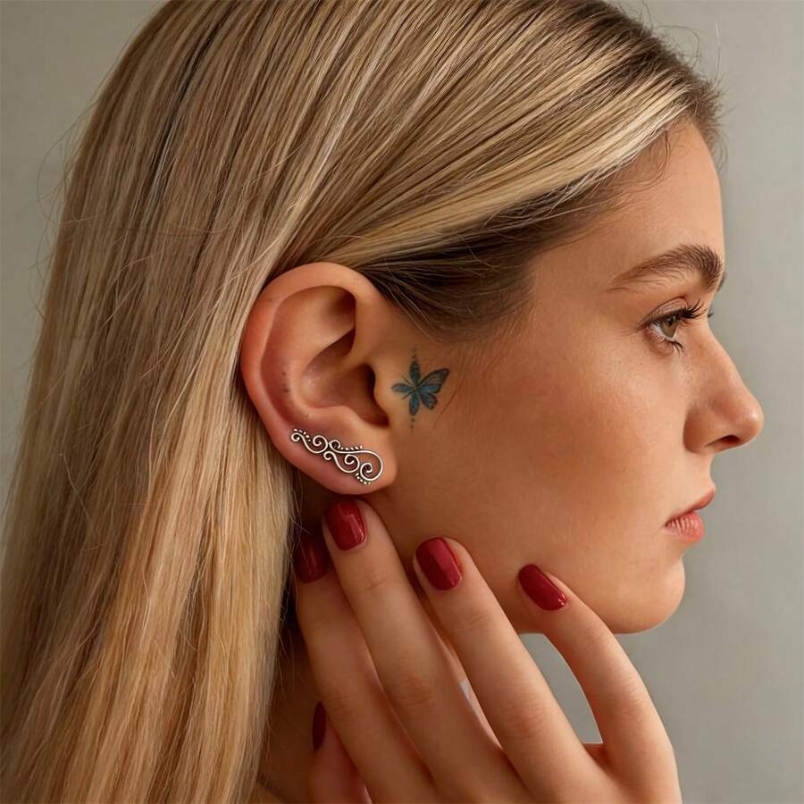 BMOR 1 par de pendientes de alta calidad chapados en oro de 18K hipoalergénicos con patrón de voluta vintage estilo palacio francés, pendientes perforados, joyería de oreja envolvente única - Ganchos para las orejas - Ver 1