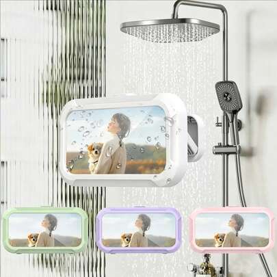 360°旋轉防水淋浴手機支架，可調節且可延伸，淋浴手機保護殼，防霧高靈敏度保護蓋，適用於浴室牆壁、鏡子、浴缸、廚房，防水浴室觸控螢幕手機盒，免鑽孔壁掛式觸控螢幕手機支架盒