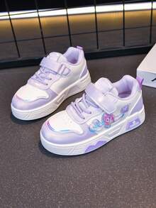 Girls' Cute Casual Lace-Up & Hook And Loop Colorblock White Sneakers - Purple - View 11