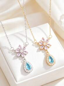1pc Stainless Steel Chain With Zirconia Flower Water Drop Pendant Women's Fashion Necklace Jewelry, Gift Accessory - Style N - View 2