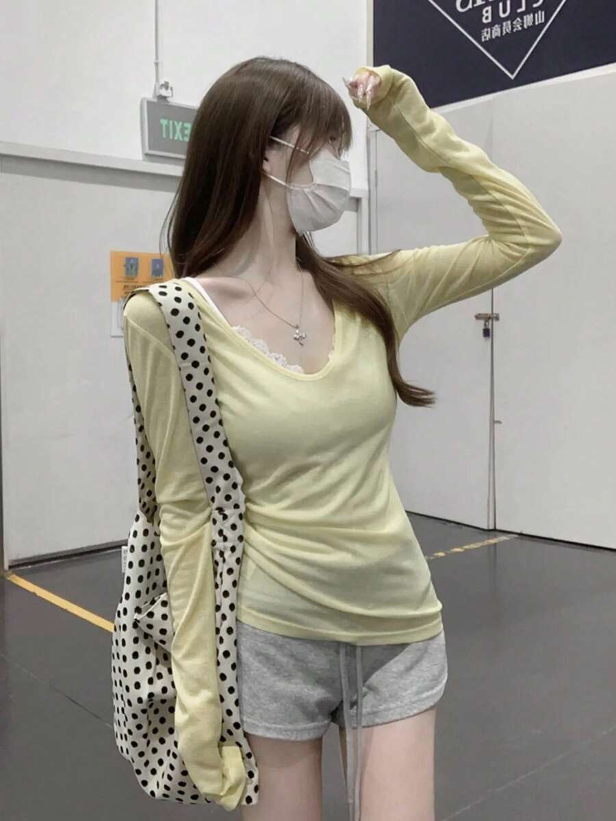 春夏V領防曬分層穿搭百搭長袖T恤女款上衣，歐夏黃 - 黃色 - 查看 1