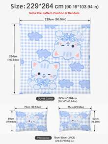 Juego de ropa de cama de 2/3 piezas, juego de funda nórdica con estampado de gato azul a cuadros. Suave, cómodo, amigable con la piel, transpirable, adecuado para todas las estaciones, decoración navideña, regalo de Navidad, disponible en tamaños individual, doble, queen, king, dormitorio, textiles para el hogar minimalista, esencial para volver a la escuela, lavable a máquina, decoración de otoño, suministros para la habitación, 1 funda nórdica con 1/2 fundas de almohada (rellenos no incluidos). - Azul - Ver 11