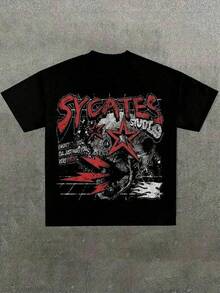 Camiseta estampada, camisetas gráficas de algodón talla grande, camiseta de manga corta con cuello redondo y diseño de dibujos animados, camiseta negra con estampado gráfico de rock de Sycat - Blanco - Ver 1