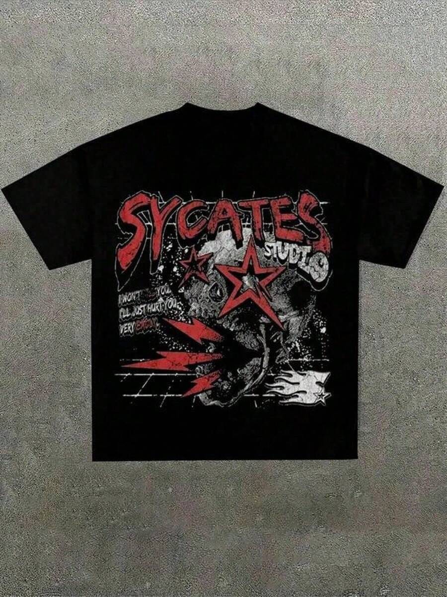 Camiseta estampada, camisetas gráficas de algodón talla grande, camiseta de manga corta con cuello redondo y diseño de dibujos animados, camiseta negra con estampado gráfico de rock de Sycat - Blanco - Ver 1
