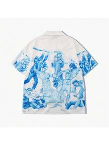 Conjunto dos piezas camisa corta y pantalón largo para hombre estilo oriental vintage tropical, ideal para escapadas veraniegas con aire elegante y exótico - Azul - Ver 5