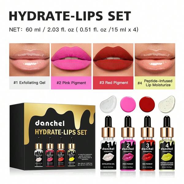 danche Brillo de labios rojo rosa de alta pigmentación, tinte de labios impermeable de larga duración de 72 horas, exfoliante suave para labios & aceite de labios con péptidos, set de maquillaje de labios de color vibrante, crea labios perfectos y voluminosos