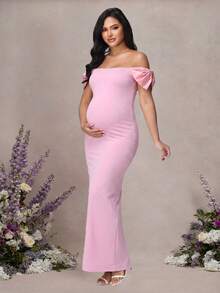 JustVH Elegant Off-Shoulder Bow Decor Long Maternity Dress, Pink Summer Gown, Suitable For Baby Shower And Formal Occasions Fall - Pink - View 3