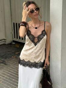 Luxurious Lace Camisole Top | Contrast Lace + Smooth Fabric, Sexy Figure-Flattering Summer - Apricot - View 3
