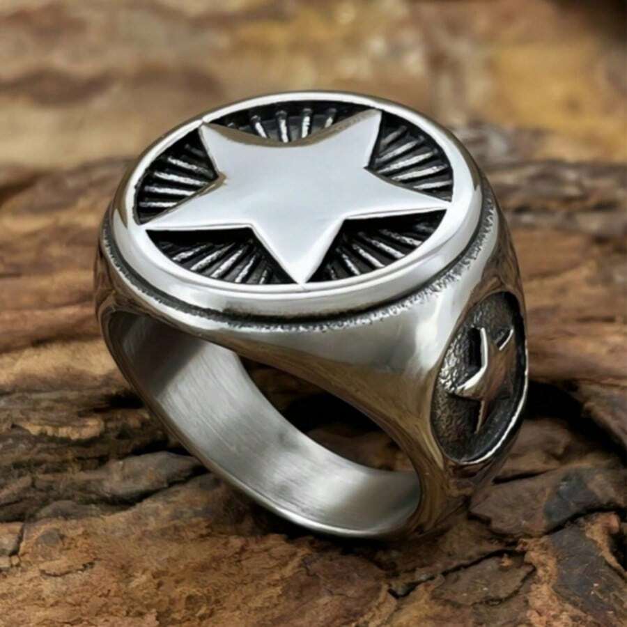 1 buah Cincin Stainless Steel 5 Bintang Modis, Unisex, Ukuran AS - Hitam - View 1
