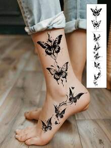 3 piezas Pegatinas de tatuaje de mariposa, tatuaje de pie, tatuaje temporal con patrón de mariposa, resistente al agua y fácil de usar, adecuado para brazos, manos, pies, piernas y otras partes del Body de mujeres, tatuaje falso desechable, esencial para fiestas y festivales de música - Negro - Ver 4