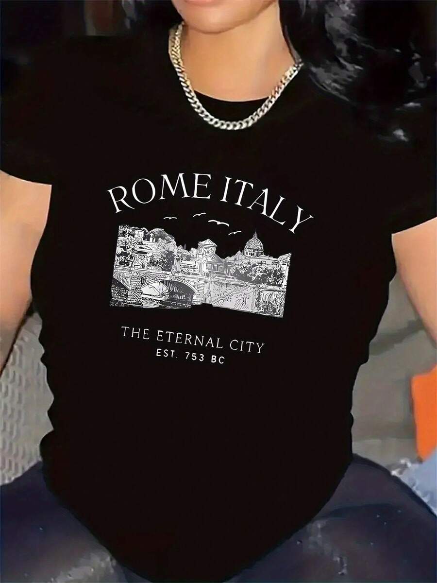 Lightweight And Durable T-Shirt Designed For Restaurant Staff, With A Rome Theme, ..., For Everyday Use Both Indoors And Outdoors. - 黑色 - 查看 1