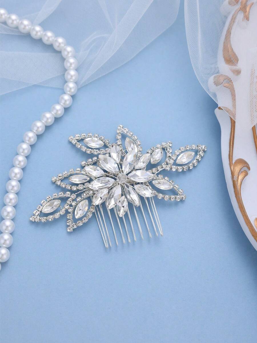 1件女用銀色水鑽花朵髮梳,優雅新娘髮飾,適合婚禮、舞會、派對 - 銀色 - 查看 1