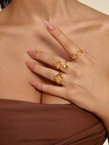 Altistry 3pcs Alloy Floral Hollow Out Ring Set With Metal Plating For Lasting Color Retention - Yellow Gold - View 6