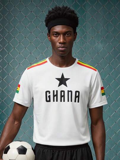 EVRINFINITE Áo thun bóng đá nam và thanh thiếu niên in cờ Ghana, thoáng khí thấm hút mồ hôi dáng ôm, áo tập luyện thể thao bóng đá, áo fan màu trắng đỏ vàng World Cup 2026, đồ đôi đi du lịch