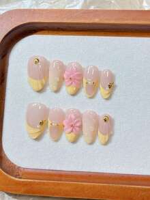 10PCS Handmade Press On Nails, Medium Almond Fake Nails, Nude & Cream Yellow French, 3D Pink Flower With Gold Shell Pearl Decor, Elegant Reusable Nail Stickers, Salon Quality, Beginner Friendly For Daily Dating & Wedding Occasions - Multicolor - View 12