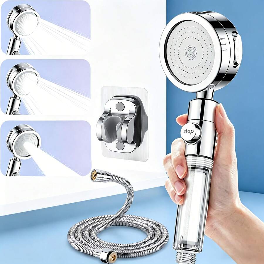 3-Mode High Pressure Handheld Shower Head Set - Filtered Water-Saving Shower Head With Stop Button And Anti-Clogging Nozzles, Includes 59-Inch Hose And Wall Mount Bracket, Suitable For Low Water Pressure Homes - Shower Head - View 1