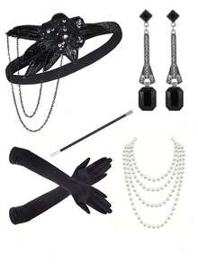 5pcs 1920s Women's Headpiece Elegant Costume Accessory Set, Premium Vintage Accessories Suitable For Bachelorette Party, Masquerade, Includes Headband, Gloves And Props, 4pcs Holiday Decoration - Multicolor - View 14