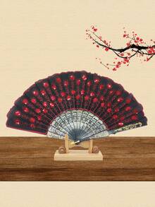1pc Forever & Moment Elegant Colorful Embroidered Floral Pattern Sequin Fabric Folding Hand Fan, Suitable For Group Dance, Wedding And Festival - Multicolor - View 14