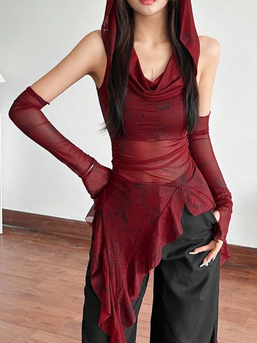 Fitted Mesh Top With Hood And Sleeveless Design - 紅色 - 查看 1