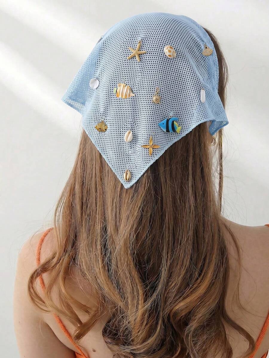 1件原創花卉圖案女款刺繡捲邊海星貝殼魚類仿珍珠裝飾頭巾髮帶,適合日常與度假使用,夏季髮飾沙灘圍巾度假女款頭巾 - 藍色 - 查看 1