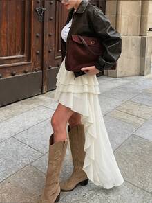 Buzzelle 1件女款時尚新款不對稱蛋糕裙，低腰顯瘦前短後長荷葉邊設計裙，休閒時尚極簡夏季款 - 杏色 - 查看 6