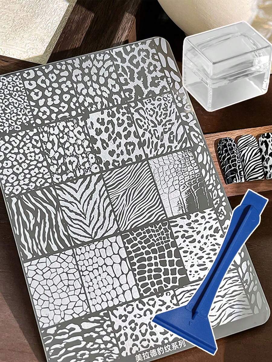 3/1pc Leopard Print Mixed Pattern Steel Plate With Backplate & Square Nail Art Stamper, French Cartoon Cat Plaid Transfer Nail Art Tool - Multicolor - View 1