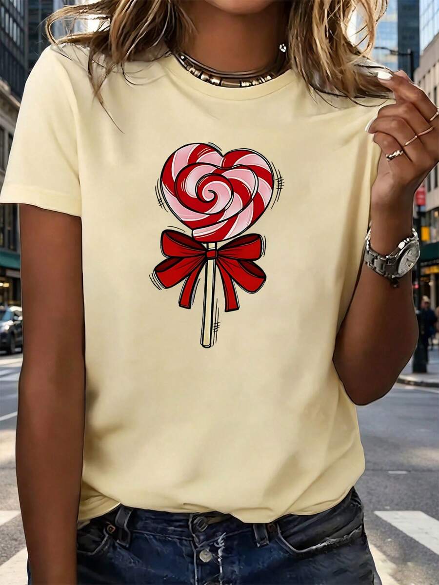 Women's T-Shirt, Red And White Spiral Heart-Shaped Candy, Tied With A Red Ribbon, Lightweight And Breathable - 卡其色 - 查看 1