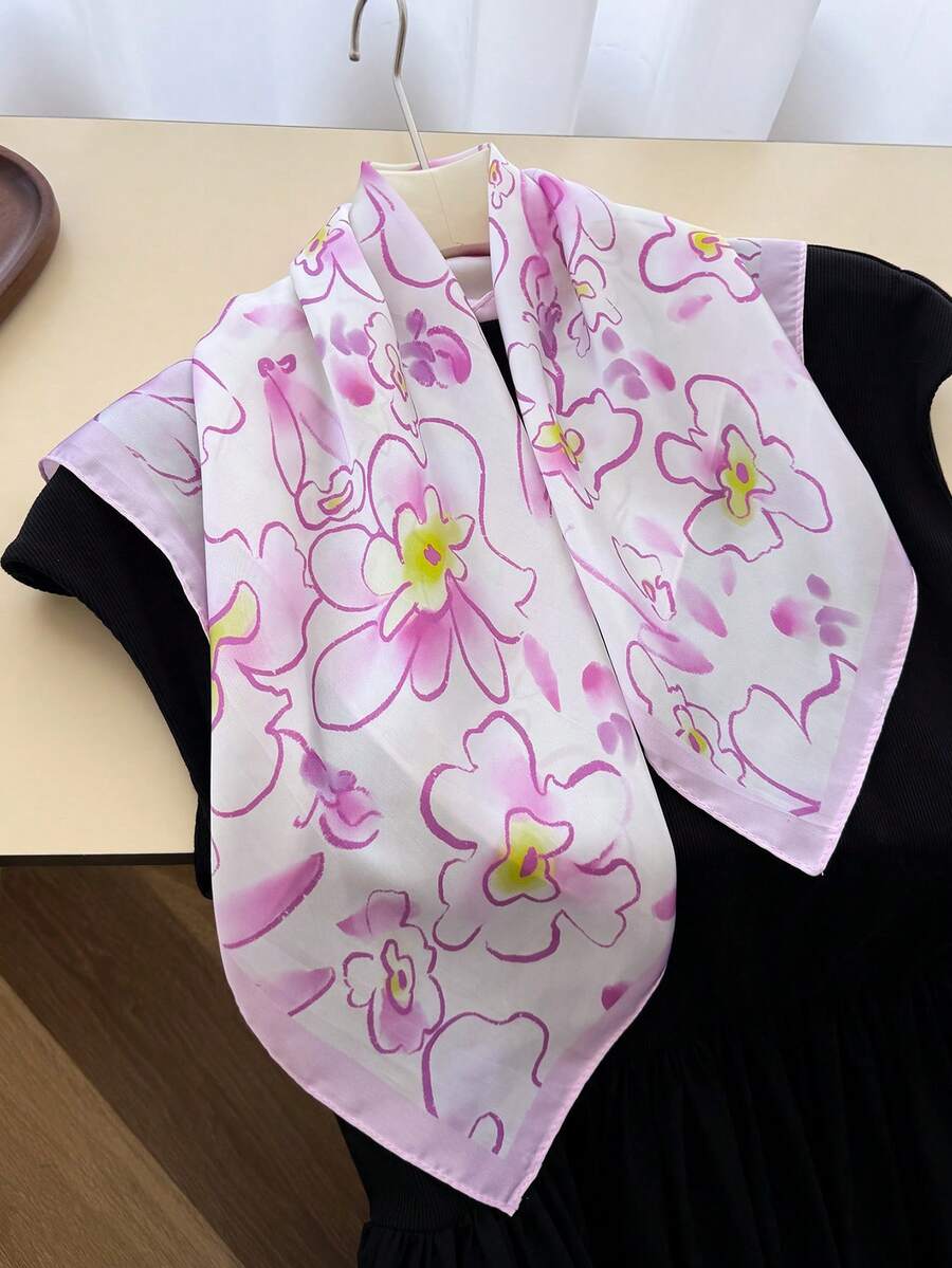1pc Fashion Vintage Women's Floral Print Faux Silk Square Scarf, Handbag Decorative Ribbon, Neck Scarf, Headscarf, Decorative Ribbon - FG474-1 Purple - View 1
