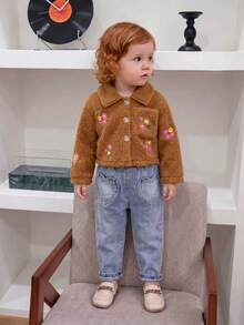 Conjunto de 2 piezas de chaqueta de forro polar bordada informal + pantalones largos de mezclilla de moda para niñas bebé - Marrón - Ver 2