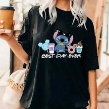 Disney Stitch & Baby Yoda Snack Print T-Shirt, Mickey Ear With Park Treats & Slogan, Cute Casual Tee For Disney Travel - Black - View 1