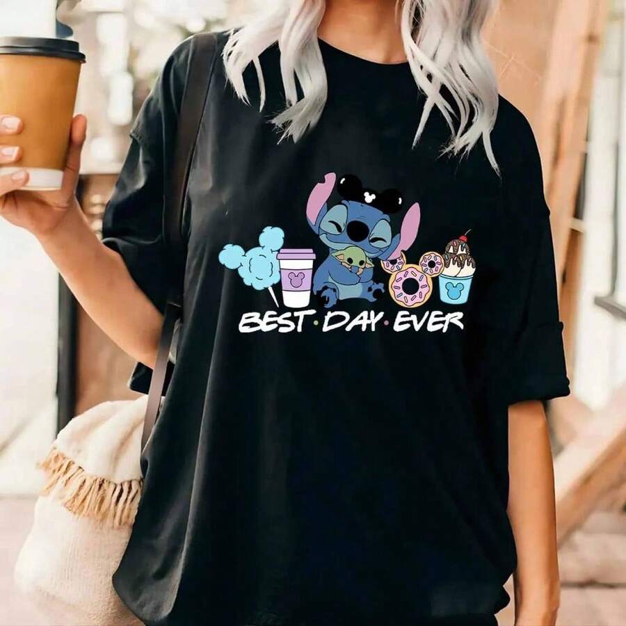 Disney Stitch & Baby Yoda Snack Print T-Shirt, Mickey Ear With Park Treats & Slogan, Cute Casual Tee For Disney Travel - Black - View 1