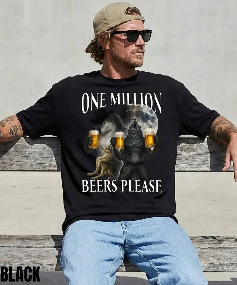 One Million Beers Wolf Meme T-Shirt,Cringe Werewolf Meme Shirt,Edgy Dark Humor Shirt,Gen Z Gag Gift,Cursed Meme Shirt,Funny Beer Shirt - Black - View 1