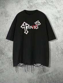 1pc Men's Gothic Hip Hop Street Style Cross Slogan Graphic Print T-Shirt With Tassel Hem, Soft Breathable Short Sleeve, Suitable For Daily Wear - Black - View 2