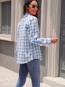 Women's Light Blue Plaid Collar Button-Down Shirt, Long Sleeve Collared Top, Loose Fit Casual Base Layer, Light Color Plaid Summer - Baby Blue - View 2