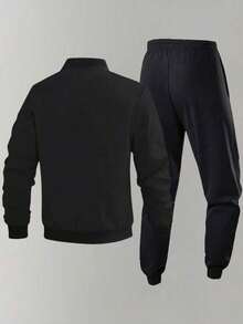Men's Dash Letter & Graphic Print Zip-Up Bomber Jacket And Sweatpants Set - Urban Street Style 2-Piece Sportswear Set - Black - View 4