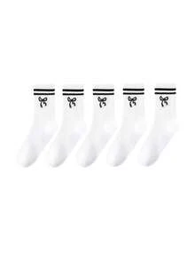 6/8/10/20 Pairs Neutral Classic Bow Pattern Breathable Moisture-Wicking Mid-Calf Socks, Soft Casual Sports Socks, Suitable For Daily Wear - Multicolor - View 5