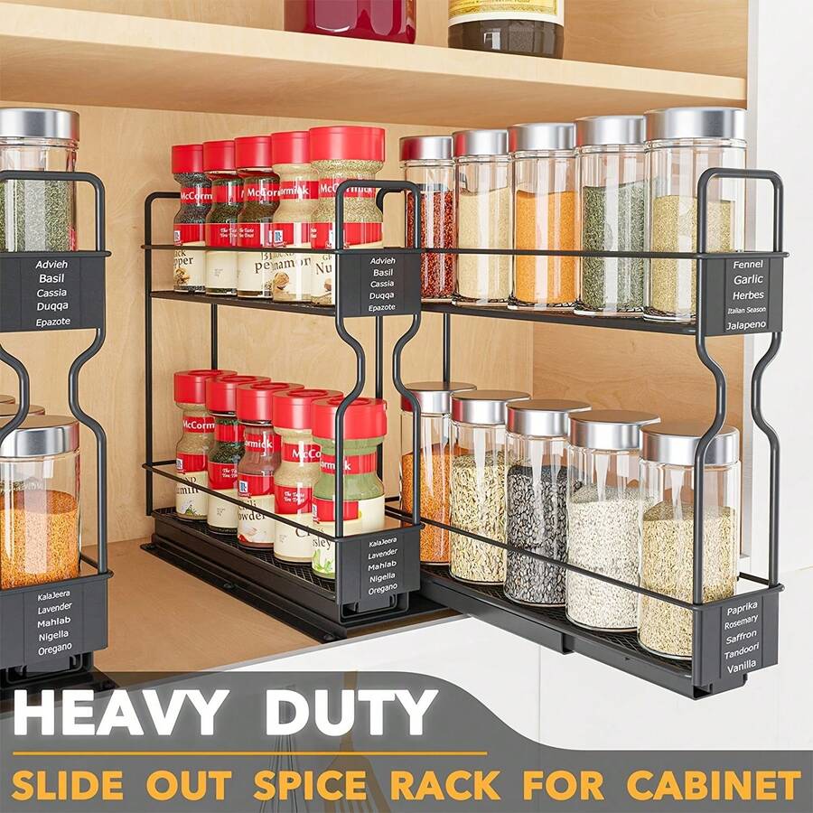 2-Pack 2-Tier Slide Out Spice Rack Organizer, Heavy Duty Pull Out Cabinet Organizer, Adjustable Powder Coated Metal Pantry Storage Shelf With Blank Labels For Kitchen Cabinet, Countertop, Pantry, Space Saving Housewarming Gift - View 1