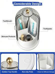 1pc Grey Transparent Toothbrush Holder, Multi-Layer Partitioned Desktop Storage Rack, 360° Rotating Base, Multi-Functional Bathroom Storage Accessory, Creative Drill-Free Bathroom Organizer, Home Bathroom Decor - Light Grey - View 2