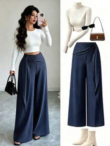 Women's Woven Striped Side Zipper Waist Design Casual Elegant Loose Long Pants, Spring/Autumn - Navy Blue - View 6