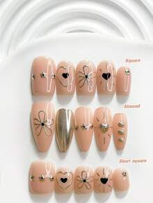 10pcs Sweet Cool Style Handmade Press-On Nails, Polymer Nail Tips Set, Small Flower Heart Pattern, Gold Nail Polish, Exquisite Elegant Style, Includes Manicure Tools, 3 Sizes Available (Square, Short Square, Almond), Suitable For Parties, Dancing, Daily Wear - 彩色 - 查看 1