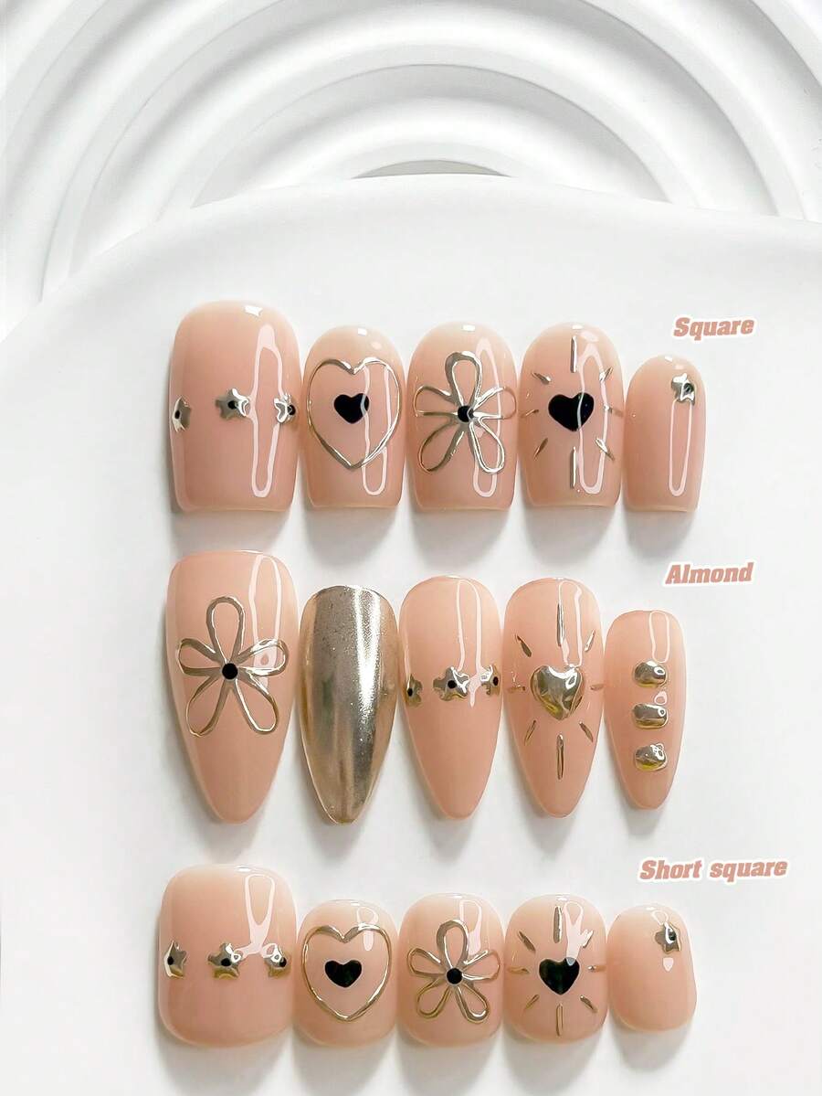 10pcs Sweet Cool Style Handmade Press-On Nails, Polymer Nail Tips Set, Small Flower Heart Pattern, Gold Nail Polish, Exquisite Elegant Style, Includes Manicure Tools, 3 Sizes Available (Square, Short Square, Almond), Suitable For Parties, Dancing, Daily Wear - 彩色 - 查看 1