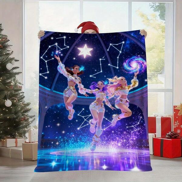 1pc Starry Sky Girl Group Print Blanket, Dreamy Anime Style, Three Dancing Girls Floating Under The Starry Sky, Overall Sweet Girl Style - Soft, Warm And Comfortable Flannel Blanket Suitable For Nap Blanket, Sofa Throw, Bed, Car, Office, Camping And All Seasons Gift For Anime Lovers, Young People Holiday Souvenir