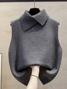 Spring/Summer New Autumn Women's Vacation Wear, Women's Summer Early Autumn Layering , Women's Knit Vest Grey Cross Collar Sleeveless Knit Tank Top Ribbed Loose Comfortable Casual Retro Daily Layering Preppy Style Lapel Elegant Street Commute Autumn Sweater Vest Tank Top Pullover Date Minimalist Solid Color - Grey - View 1
