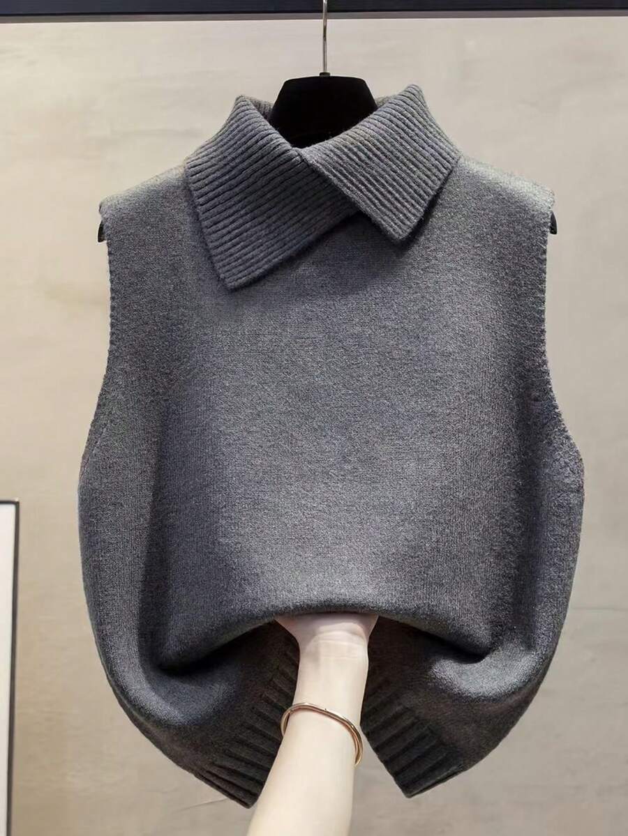 Spring/Summer New Autumn Women's Vacation Wear, Women's Summer Early Autumn Layering , Women's Knit Vest Grey Cross Collar Sleeveless Knit Tank Top Ribbed Loose Comfortable Casual Retro Daily Layering Preppy Style Lapel Elegant Street Commute Autumn Sweater Vest Tank Top Pullover Date Minimalist Solid Color - Grey - View 1